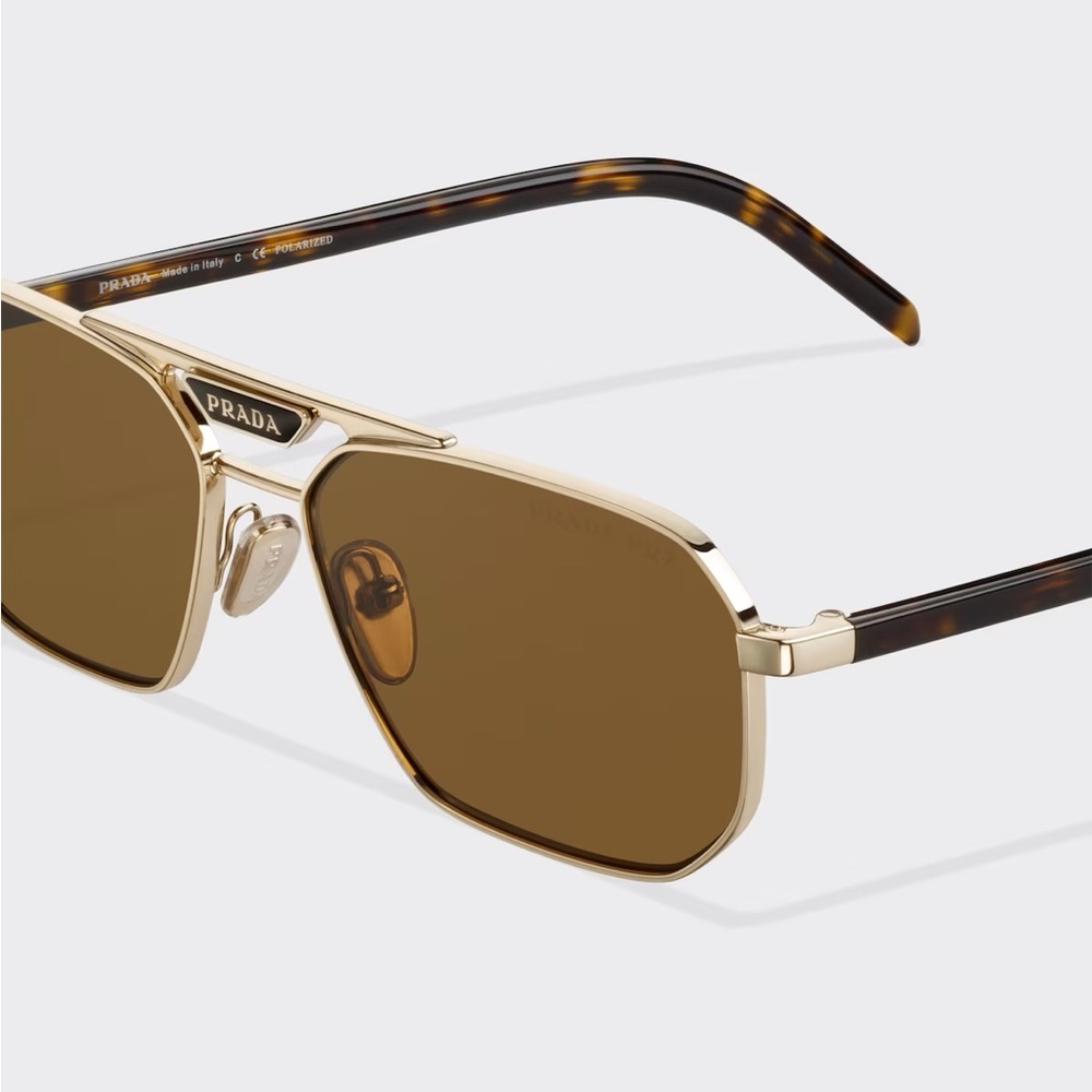 PRADA MEN PR58YS SUNGLASSES POLARIZED GOLD BROWN LENSES RECTANGLE TRENDY